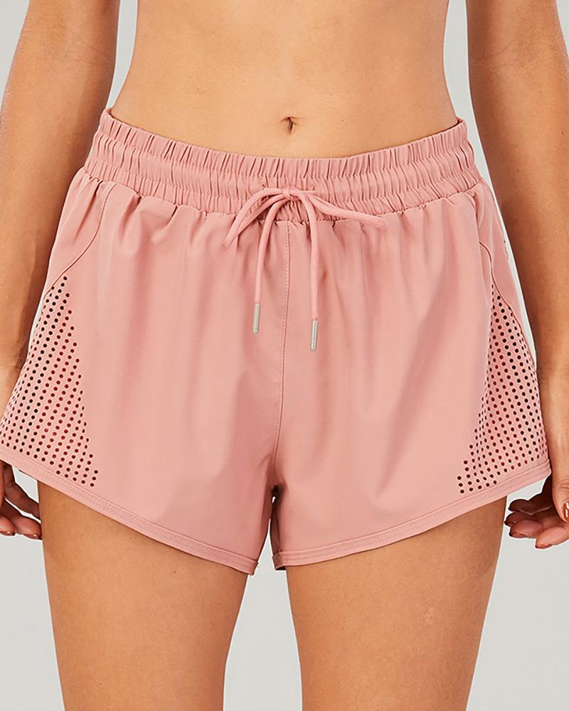 

Double Layer Drawstring Hollow Out Inner Pocket Athletic Shorts, Pink