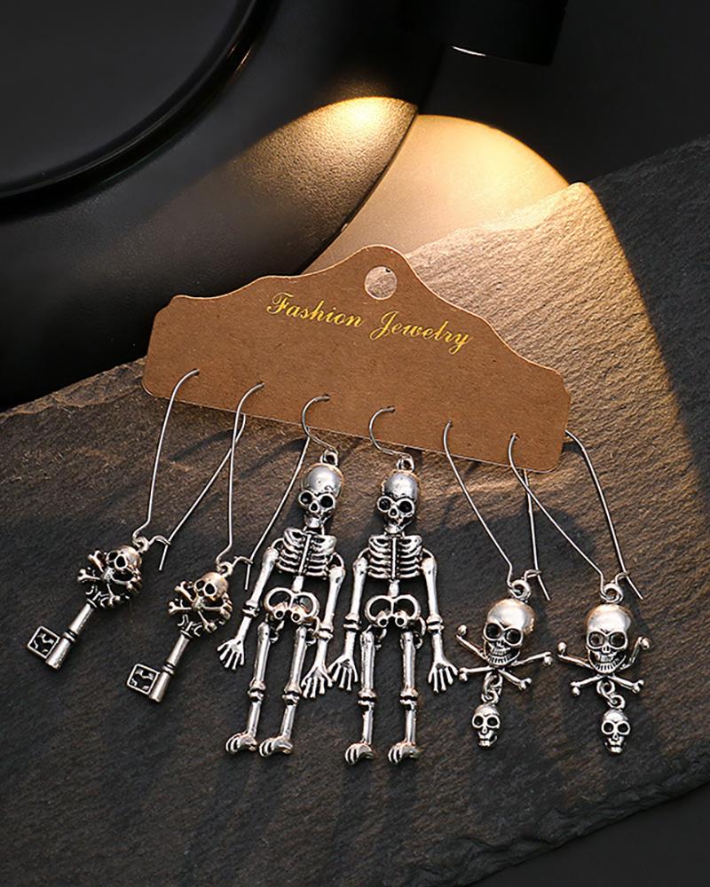 

3Pair Halloween Key Skull Skeleton Drop Earrings Set, Silver
