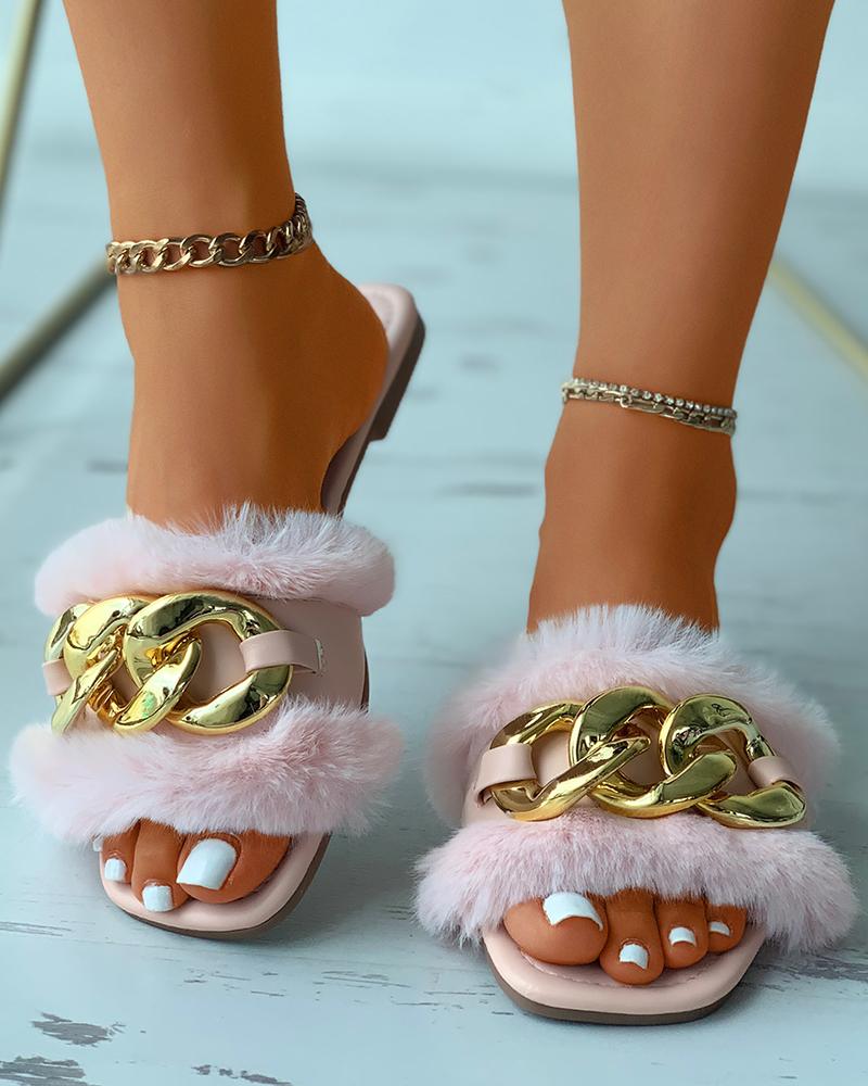 

Chain Decor Fluffy Square Toe Slippers, Pink