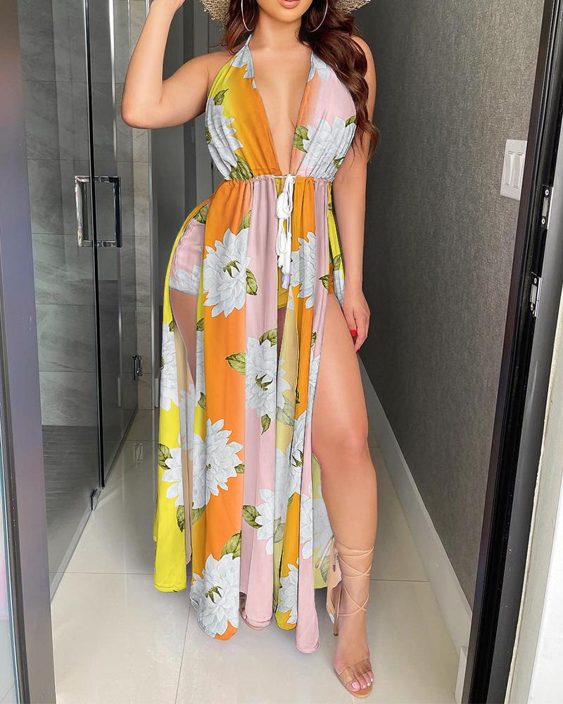 

Floral Print Backless High Split Maxi Dress With Shorts, Orange