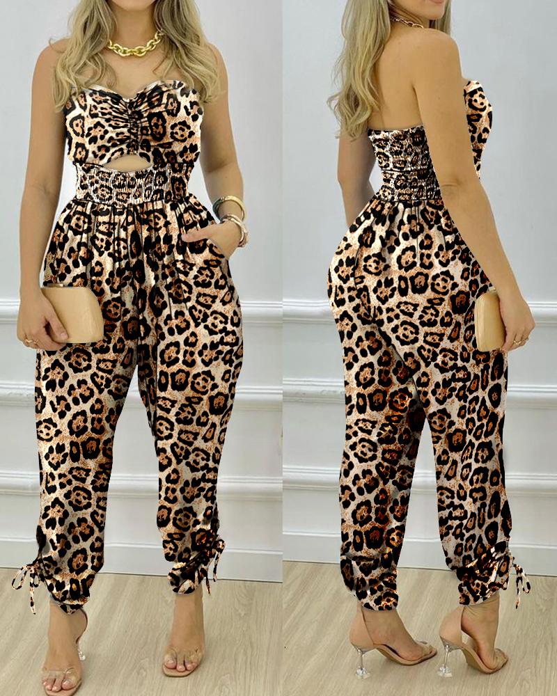 

Leopard Print Bandeau Cutout Shirred Pocket Design Jumpsuit