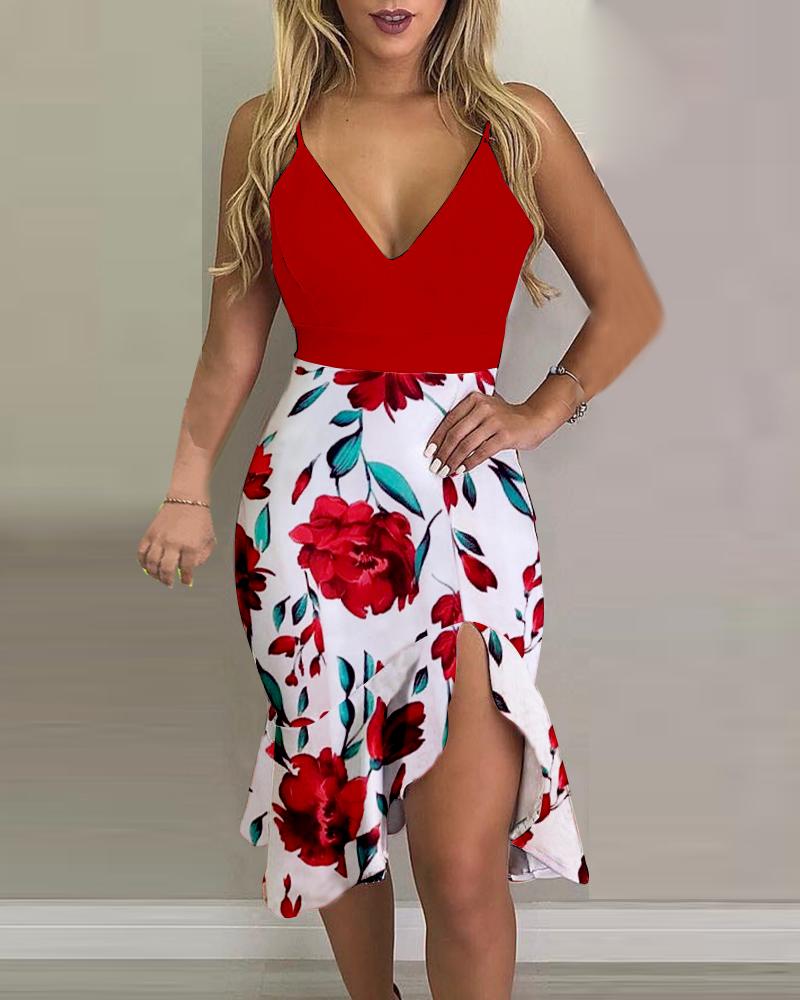 

Spaghetti Strap Floral Print High Slit Ruffles Dress, Red