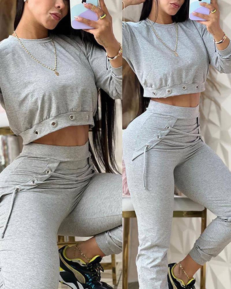 

Eyelet Sweatshirt & Lace-up Cuffed Sweatpants Set, Gray