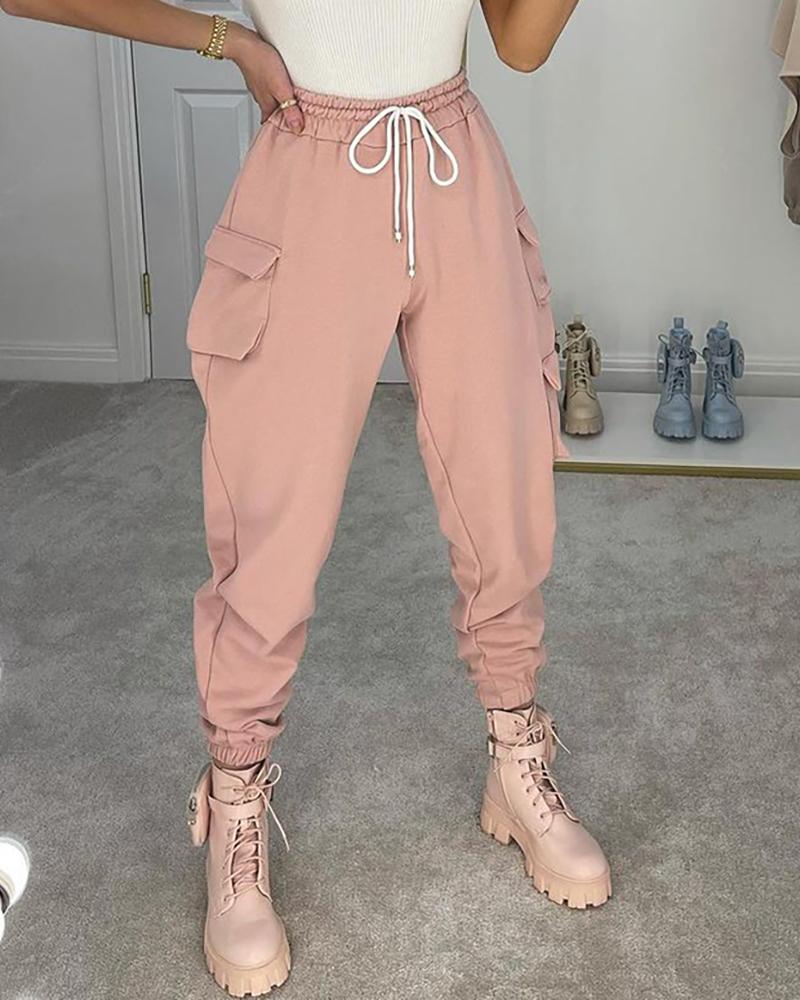 

Pocket Design Drawstring Casual Cargo Pants, Pink