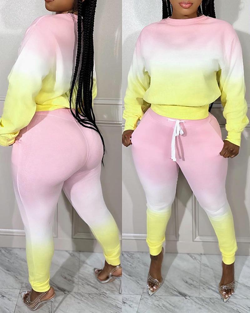 

Ombre Long Sleeve Top & Drawstring Pants Set, Multicolor