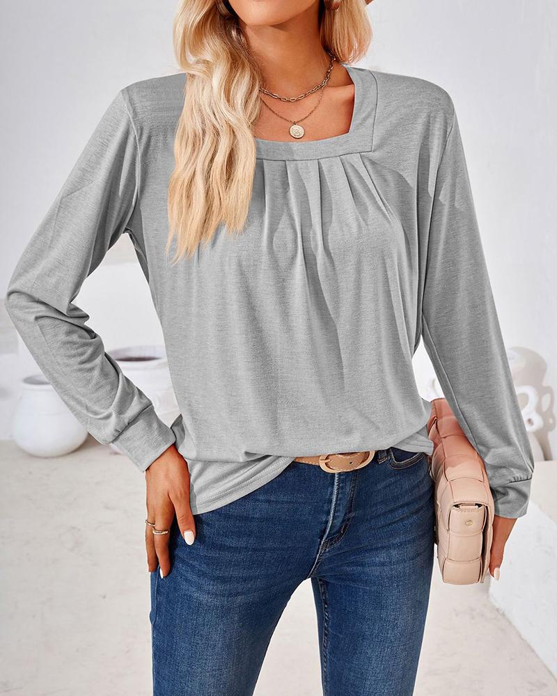 

Square Neck Long Sleeve Ruched Top, Gray