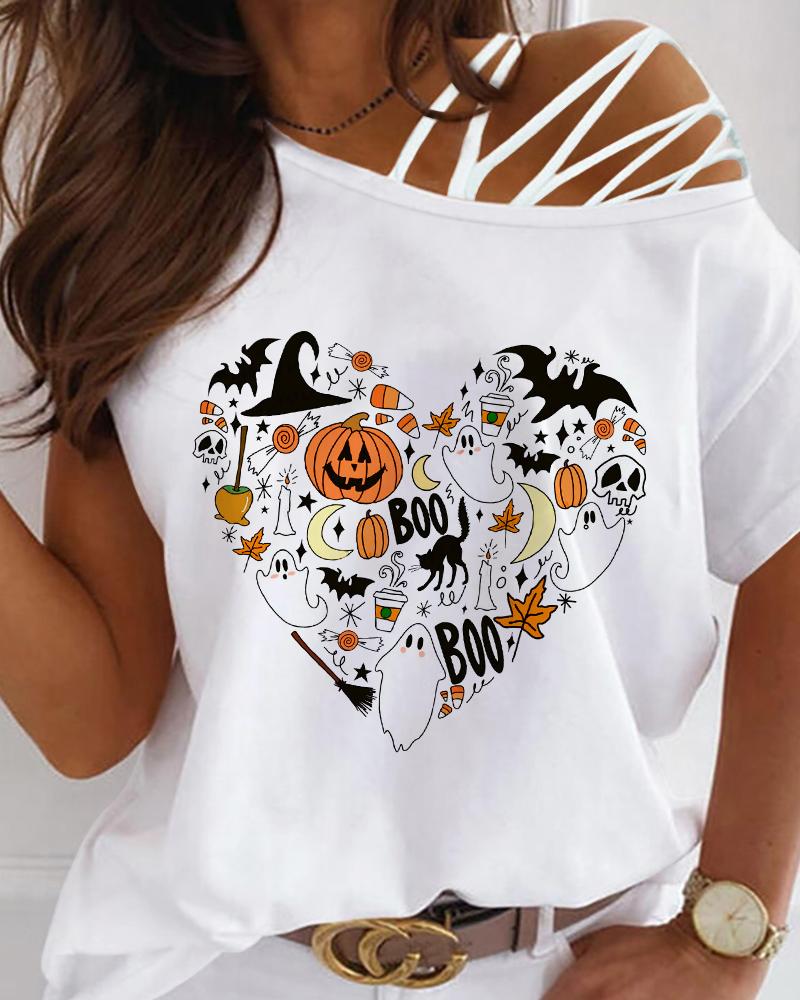 

Halloween Graphic Heart Print Cold Shoulder Top, White