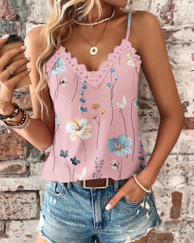 

Floral Print Lace Patch Tank Top, Pink