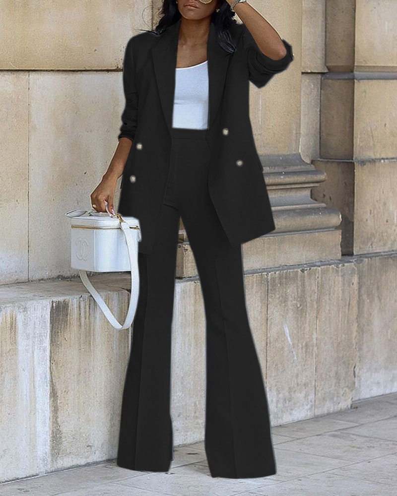 

Long Sleeve Double Breasted Blazer & Work Pants Set, Black