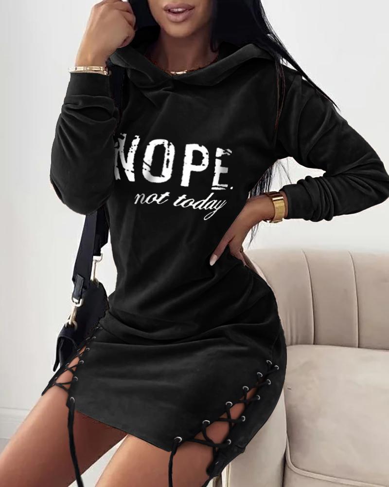 

Letter Print Eyelet Lace-Up Velvet Hooded Sweatshirt Dress, Black
