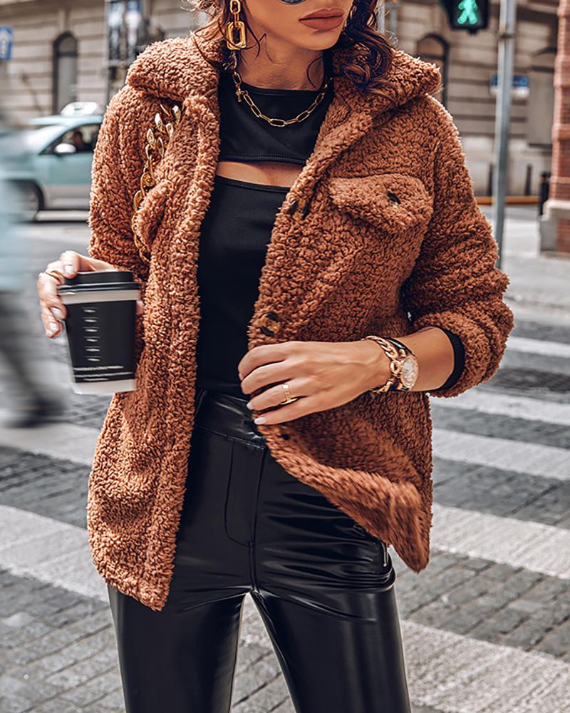 

Pocket Button Design Long Sleeve Fluffy Coat, Khaki