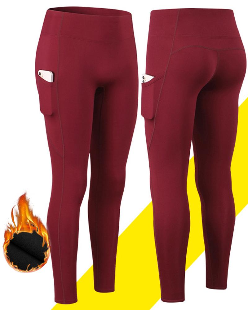 

Pocket Design High Waist Butt Lift Fleece Lined Yoga Pants, Wine red