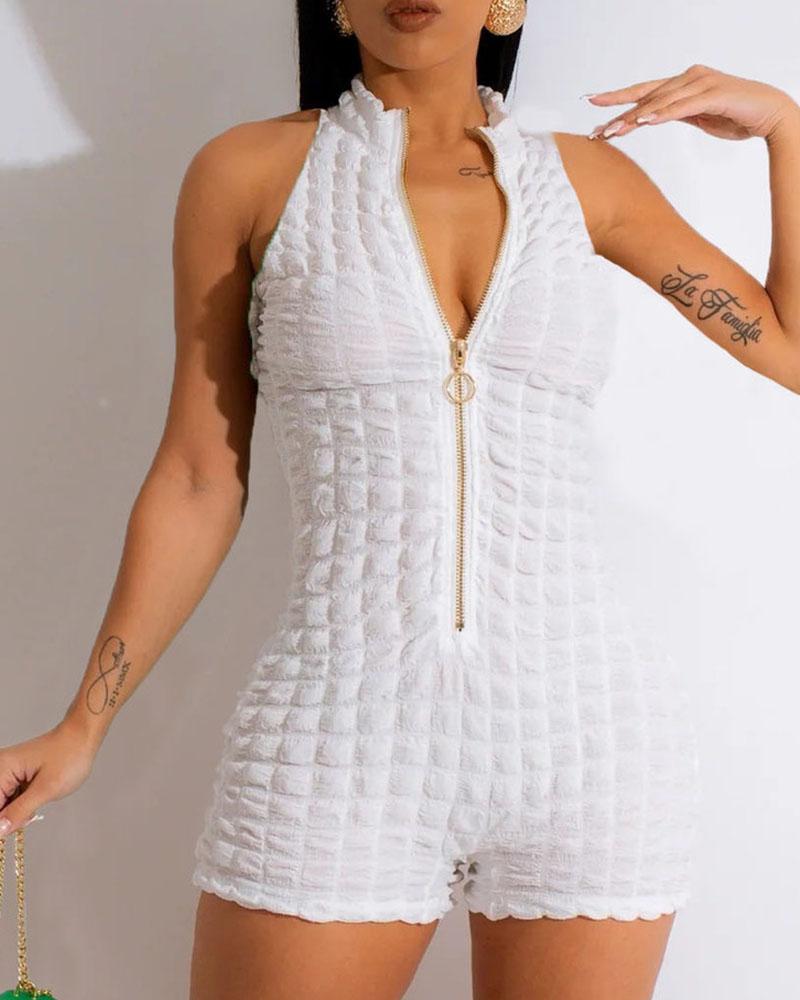 

Zipper Design Mock Neck Textured Romper, White