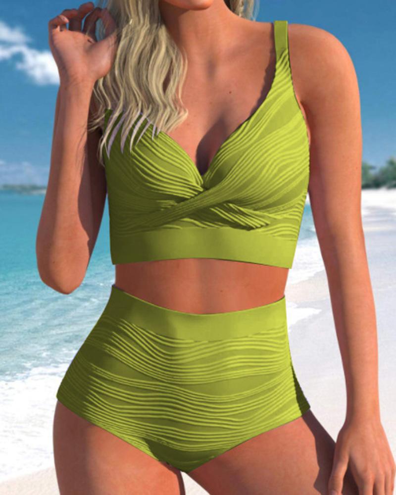

Cross Front Ruched V-Neck Bikini Set, Green