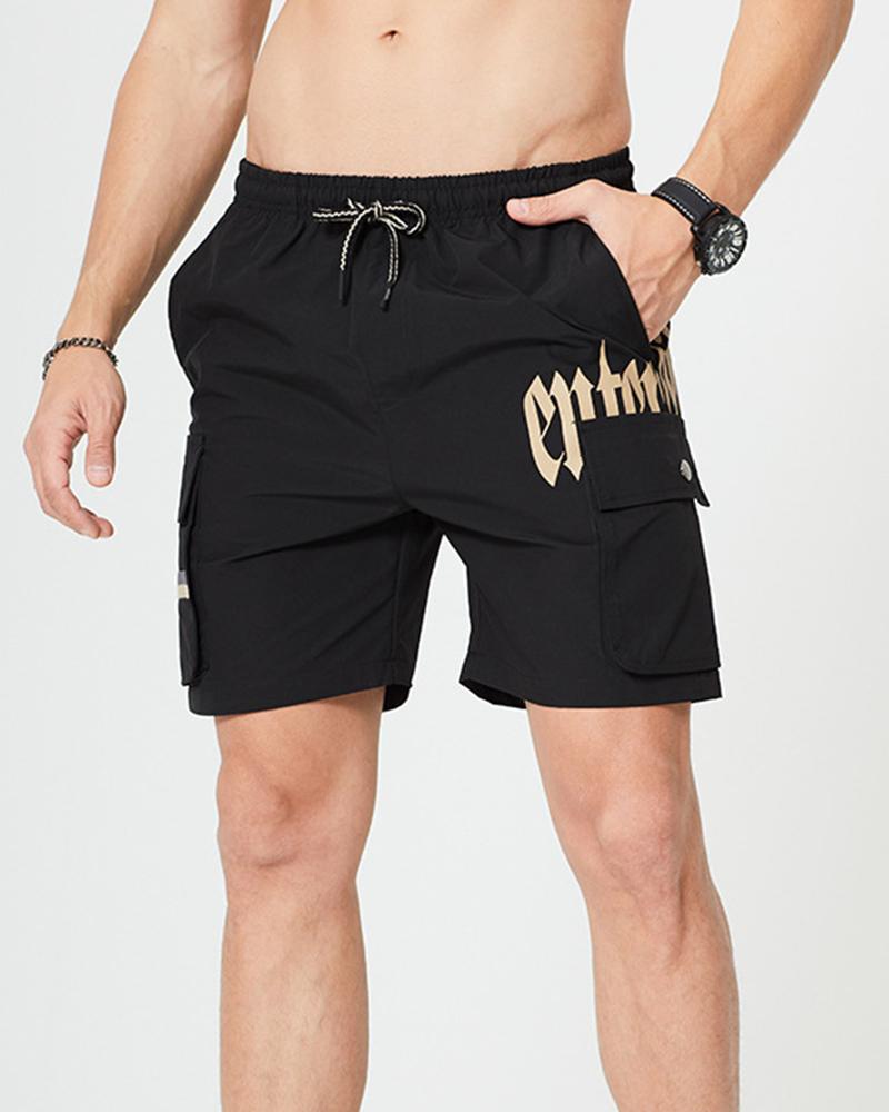 

Letter Print Drawstring Straight Short Pants, Black