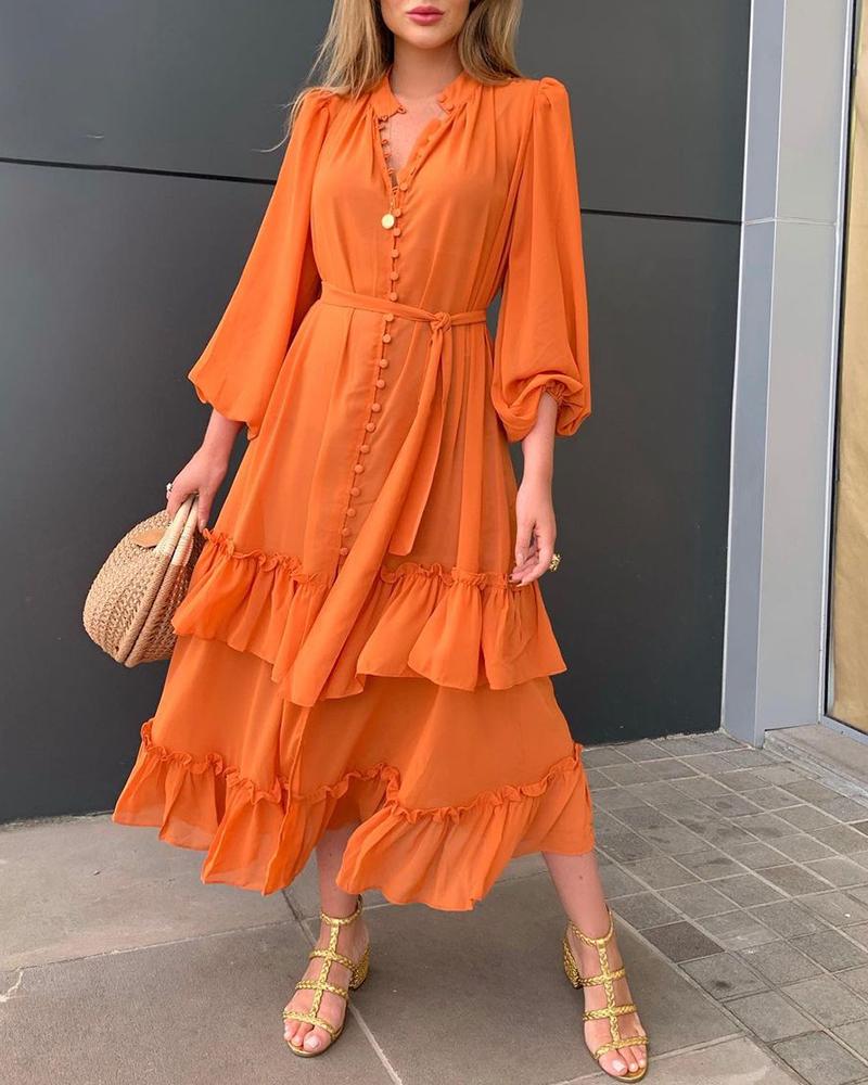 

Ruffles Frill Hem Lantern Sleeve Button Front Dress, Orange