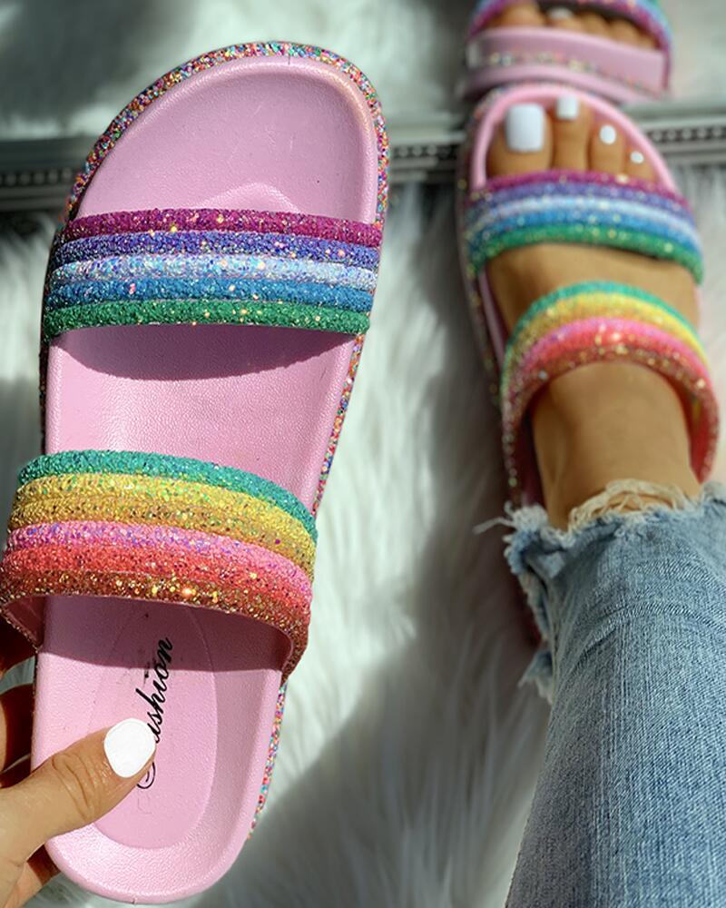 

Rainbow Striped Open Toe Flat Slipper, Pink