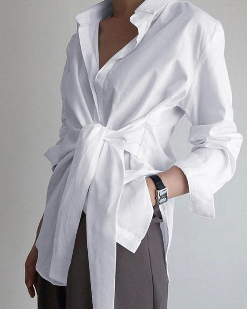 

Long Sleeve Tie Front Shirt, White