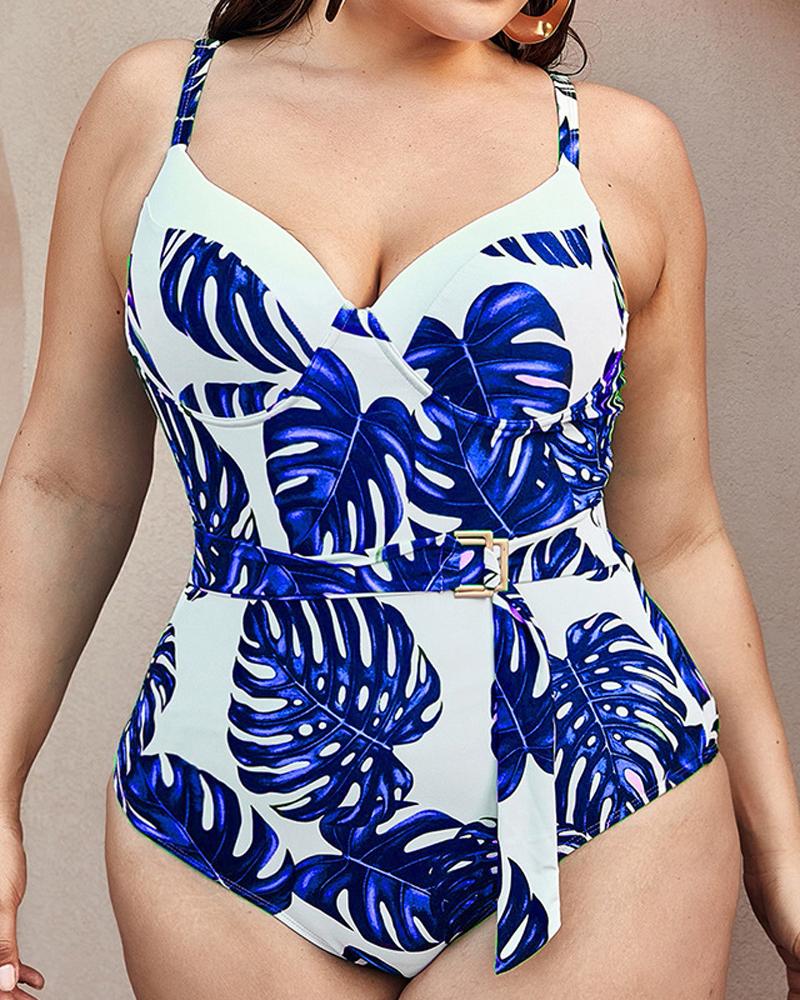 

Plus Size Tropical Print Underwire One-Piece Swimsuit, Blue