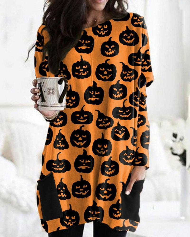 

Halloween Pumpkin Graphic Print Pocket Detail Long Sleeve Dress, Style2