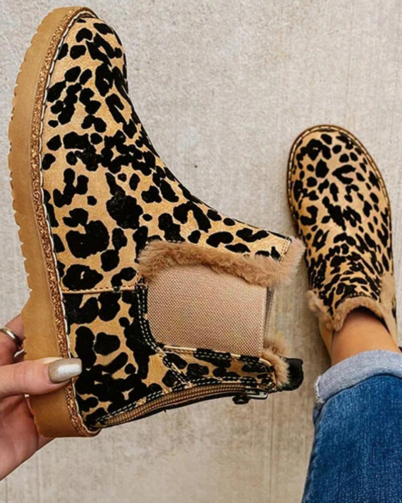 

Fuzzy Detail Cheetah Print Lined Snow Boots, Leopard