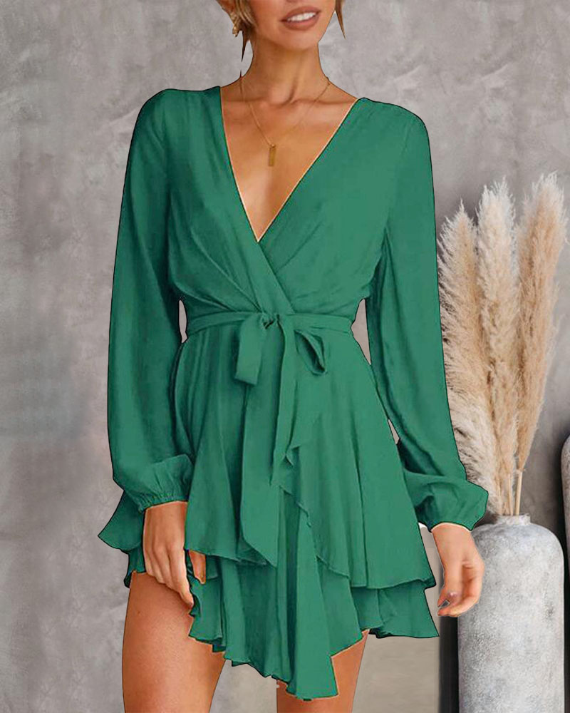 

Long Sleeve Overlap Collar Ruffle Hem Belted Casual Dress, Green