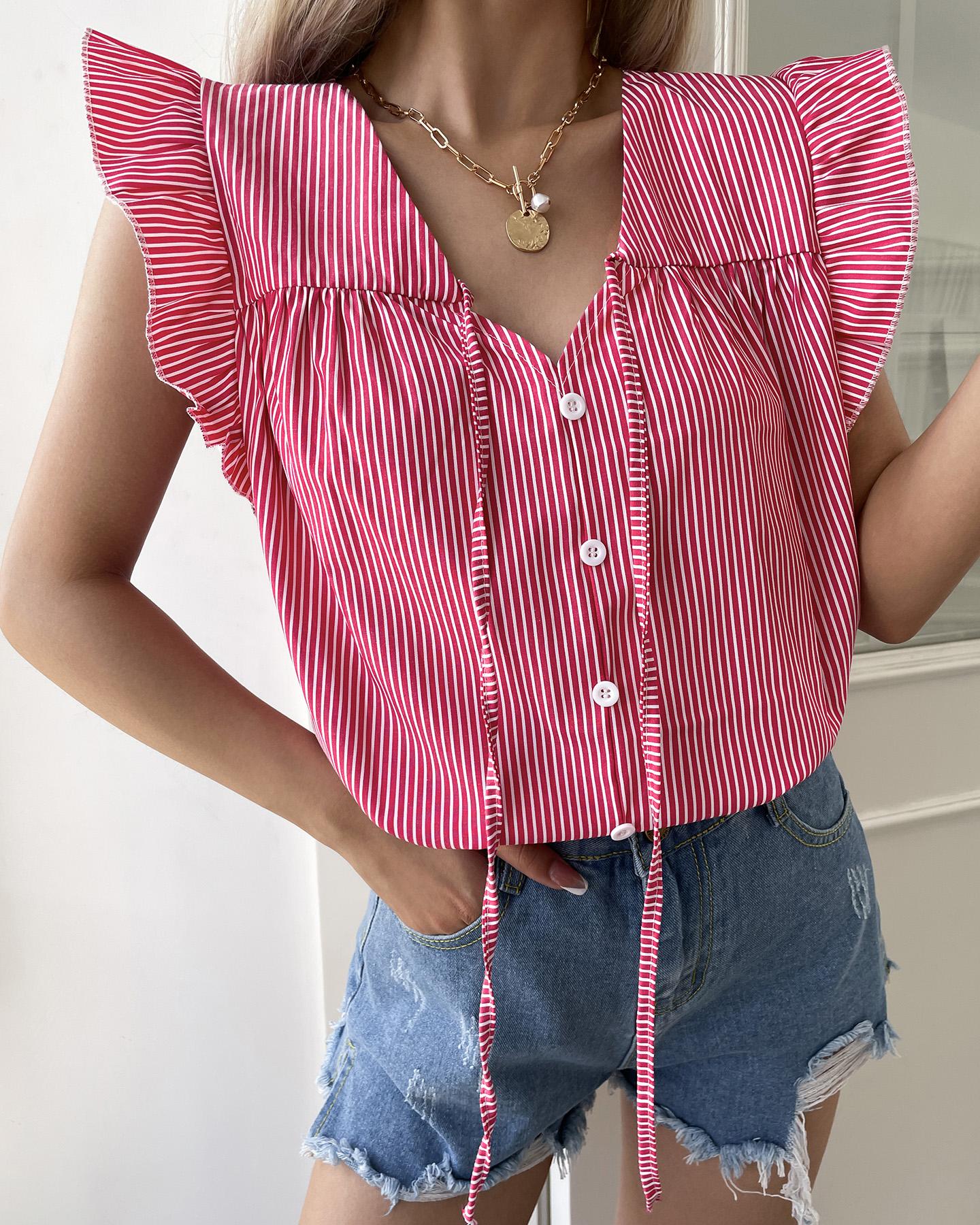 

Striped Ruffle Hem Tied Detail Top, Pink