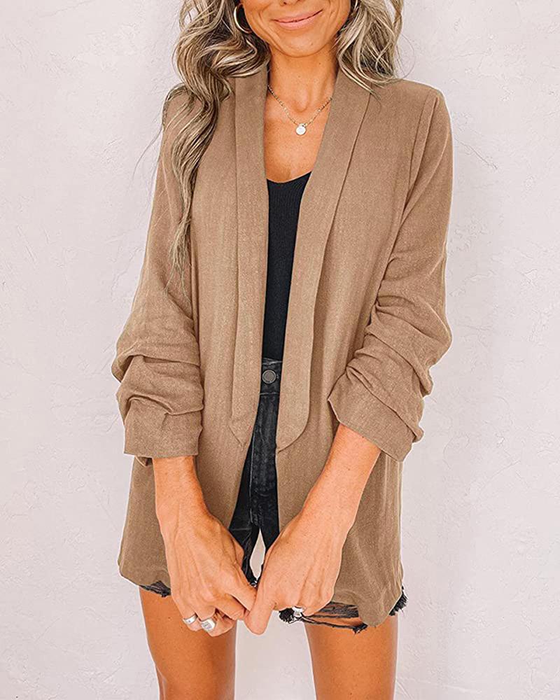 

Plain Shawl Collar Ruched Sleeve Blazer, Khaki