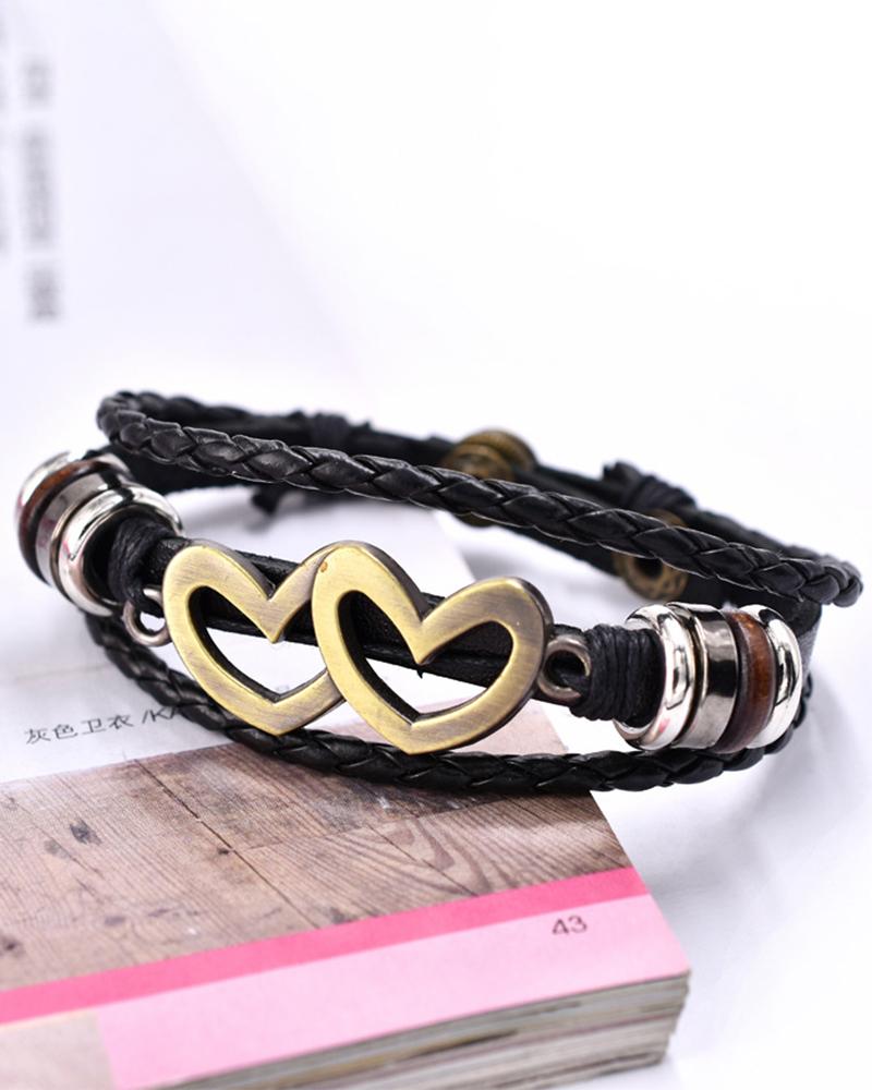 

1pc Independence Day Double Heart Braided Lether Bracelet, Gold