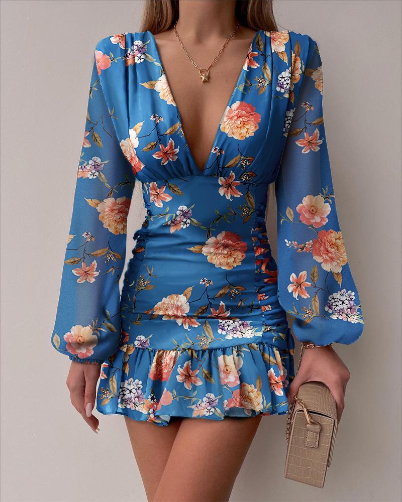 

Floral Print Ruffle Hem Ruched Chiffon Dress, Blue