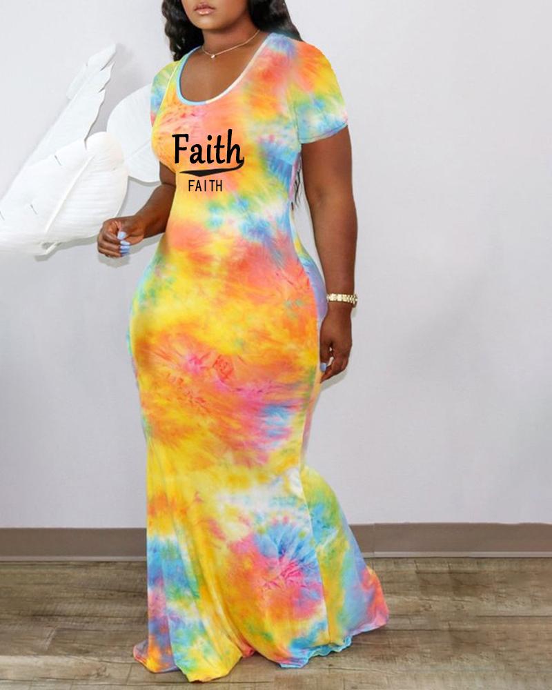 

Plus Size Tie Dye Faith Print Cutout Mermaid Maxi Dress, Yellow