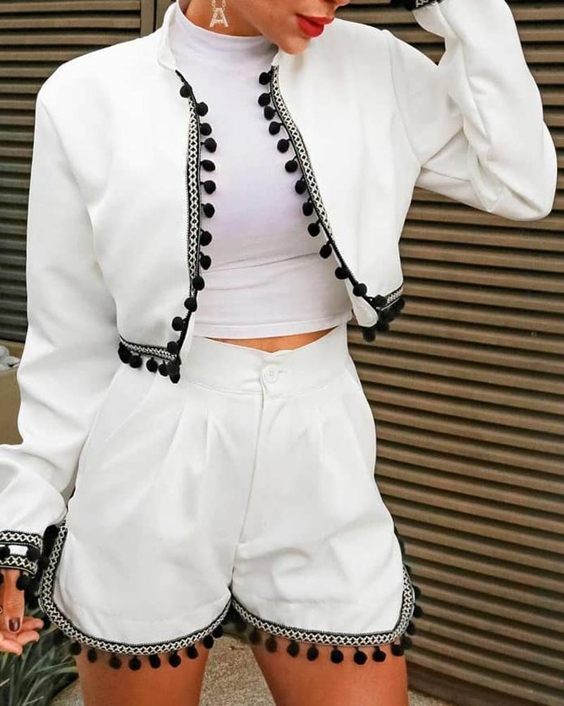 

Pom Pom Trim Coat & Single Button Shorts Set, White