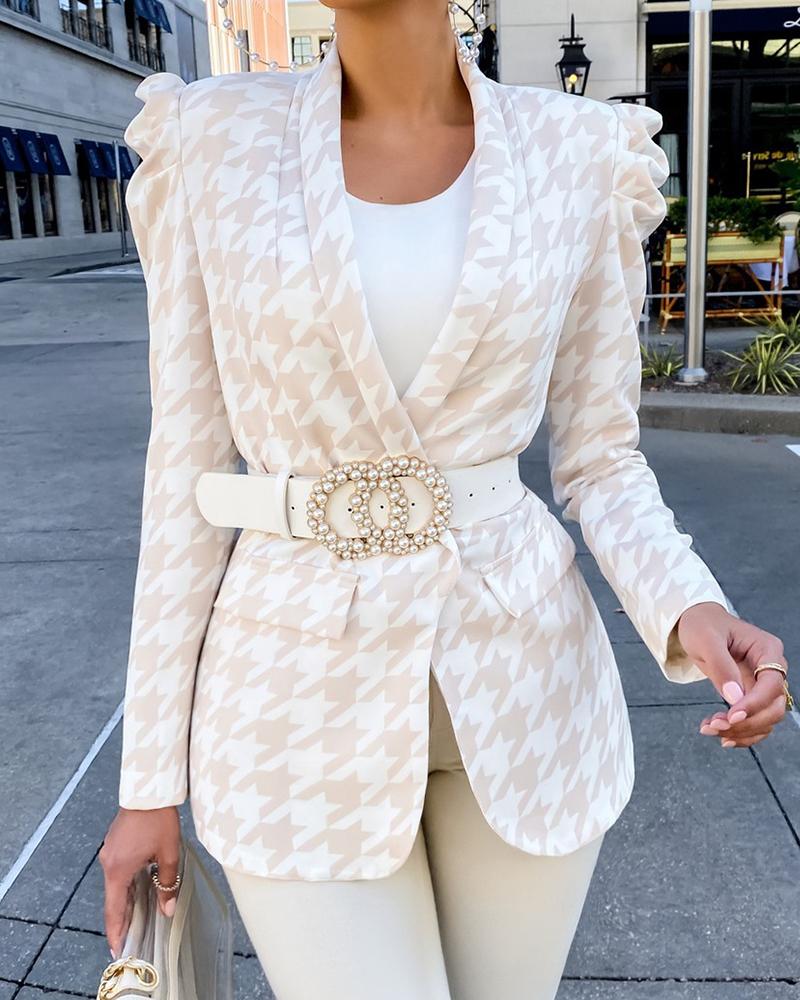 

Houndstooth Print Puff Sleeve Pocket Design Coat, Apricot