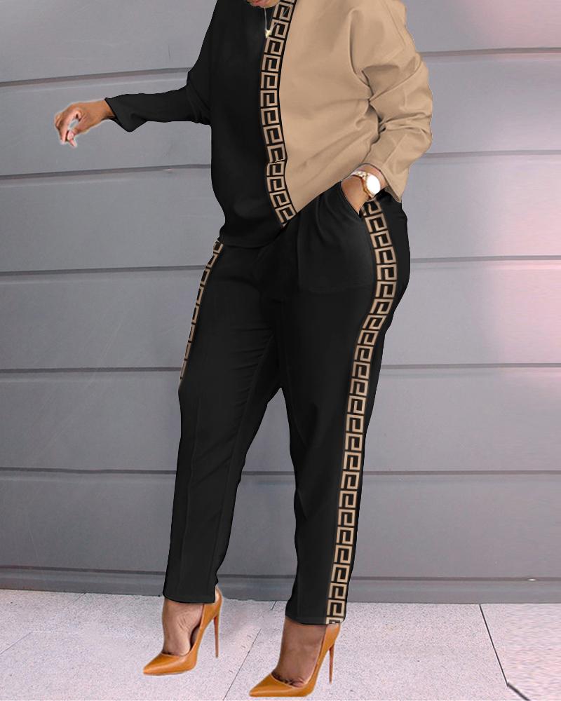 

Geo Trim Colorblock Long Sleeve Top & Pants Set, Brown