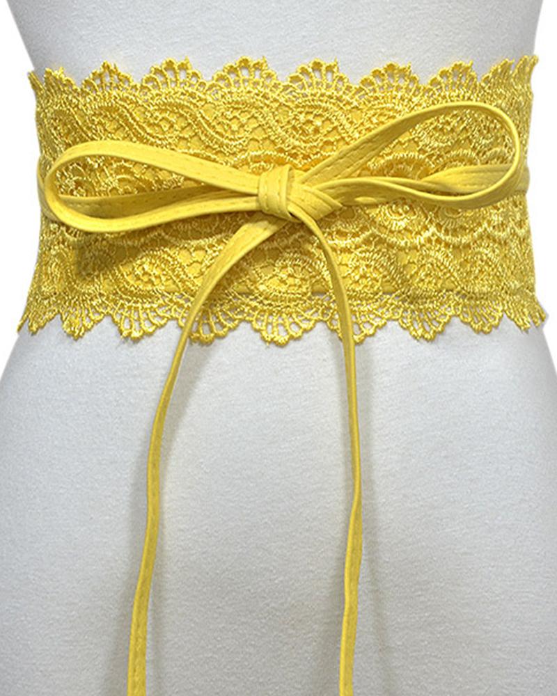 

Tied Detail Lace Trim Waist Belt, Yellow