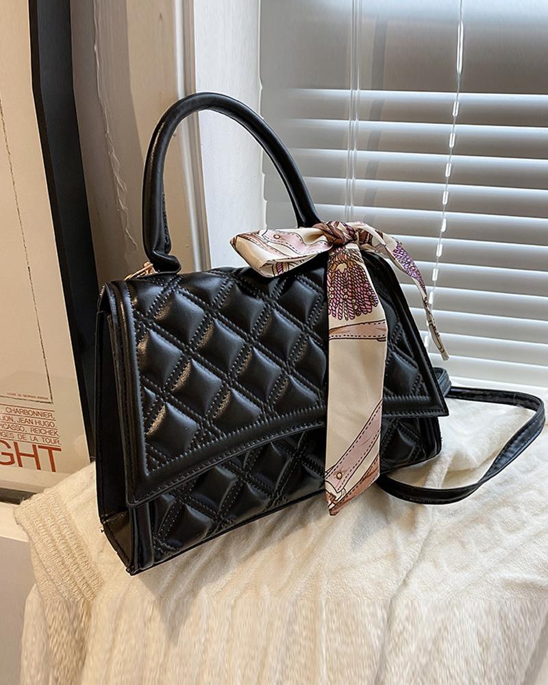 

Quilted Scarf Decor Flap Satchel Bag, Black