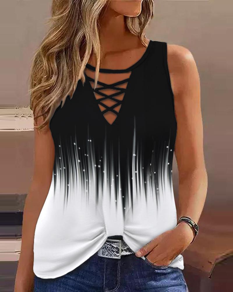 

Abstract Print Colorblock Crisscross Tank Top, Blackwhite