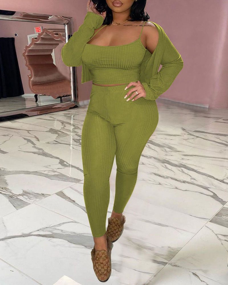 

Ribbed Crop Cami Top & Pants With Cardigan Set, Green