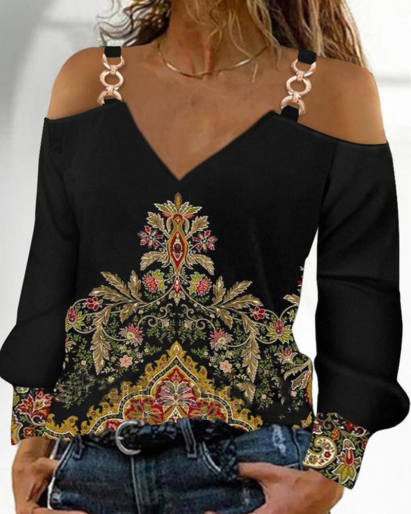 

Tribal Print Cold Shoulder Top, Black