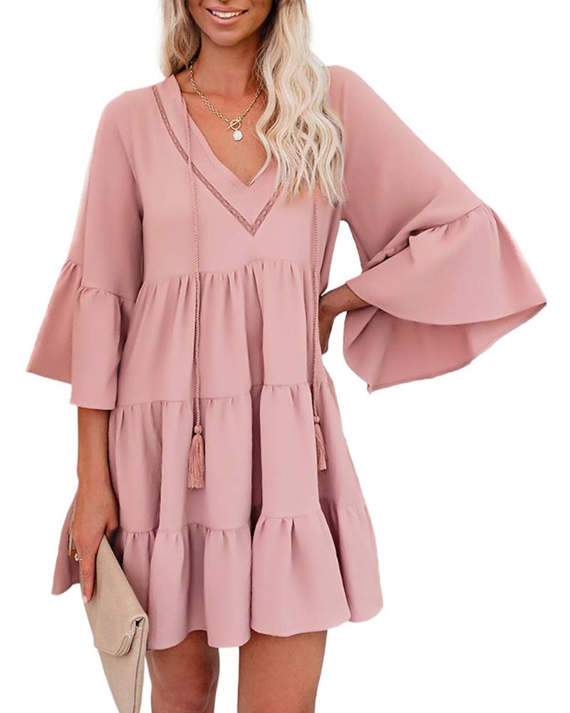 

V Neck Flutter Sleeve Casual Dress, Pink