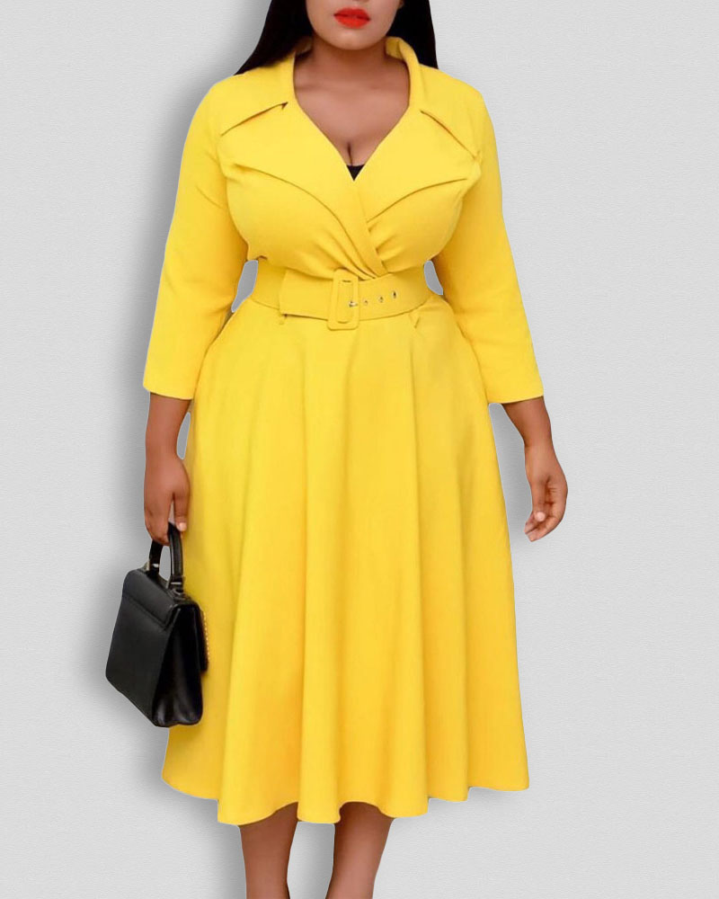 

Plus Size Pocket Detail Belted Work Dress, Yellow