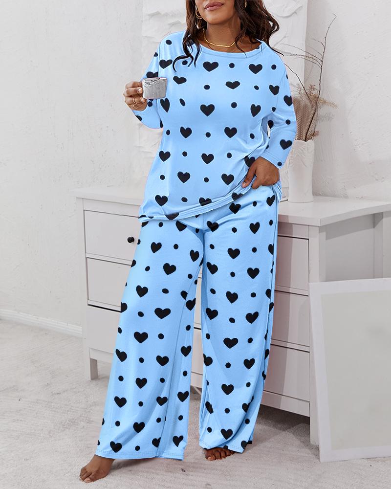 

Plus Size 2PCS Heart Polka Dot Print Round Neck Pajamas Set, Blue