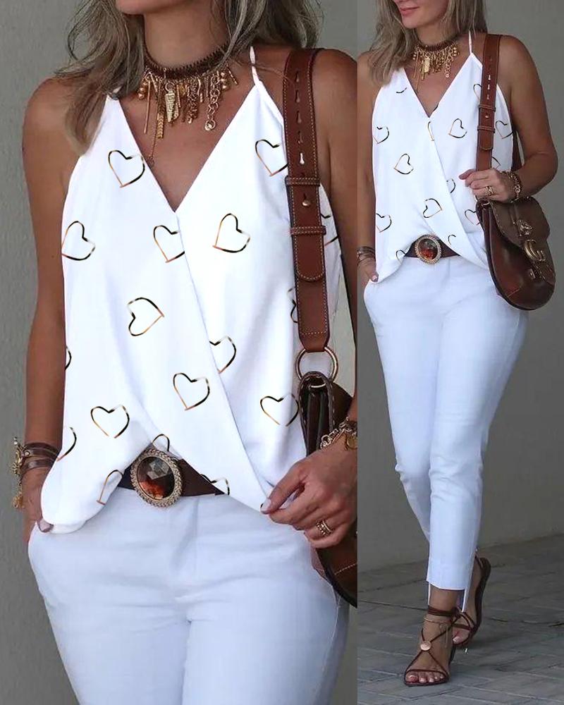 

Heart Print Halter Wrap Tank Top, White