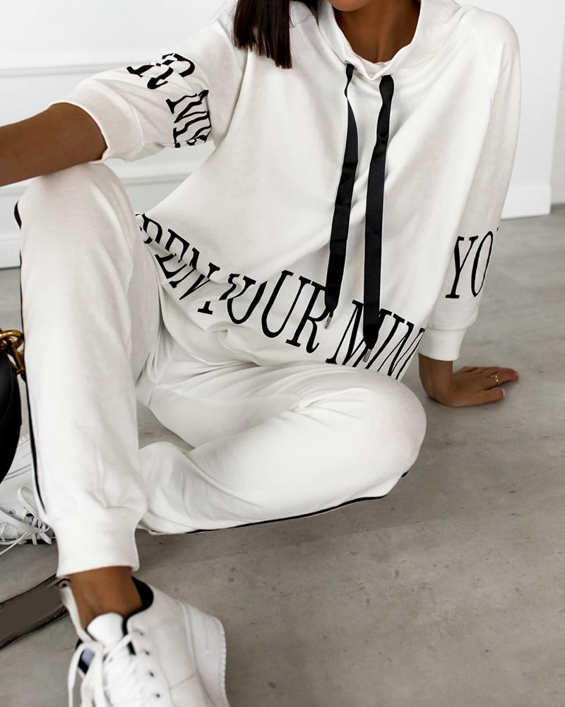

Letter Print Slit Hooded Top & Striped Print Pants Set, White
