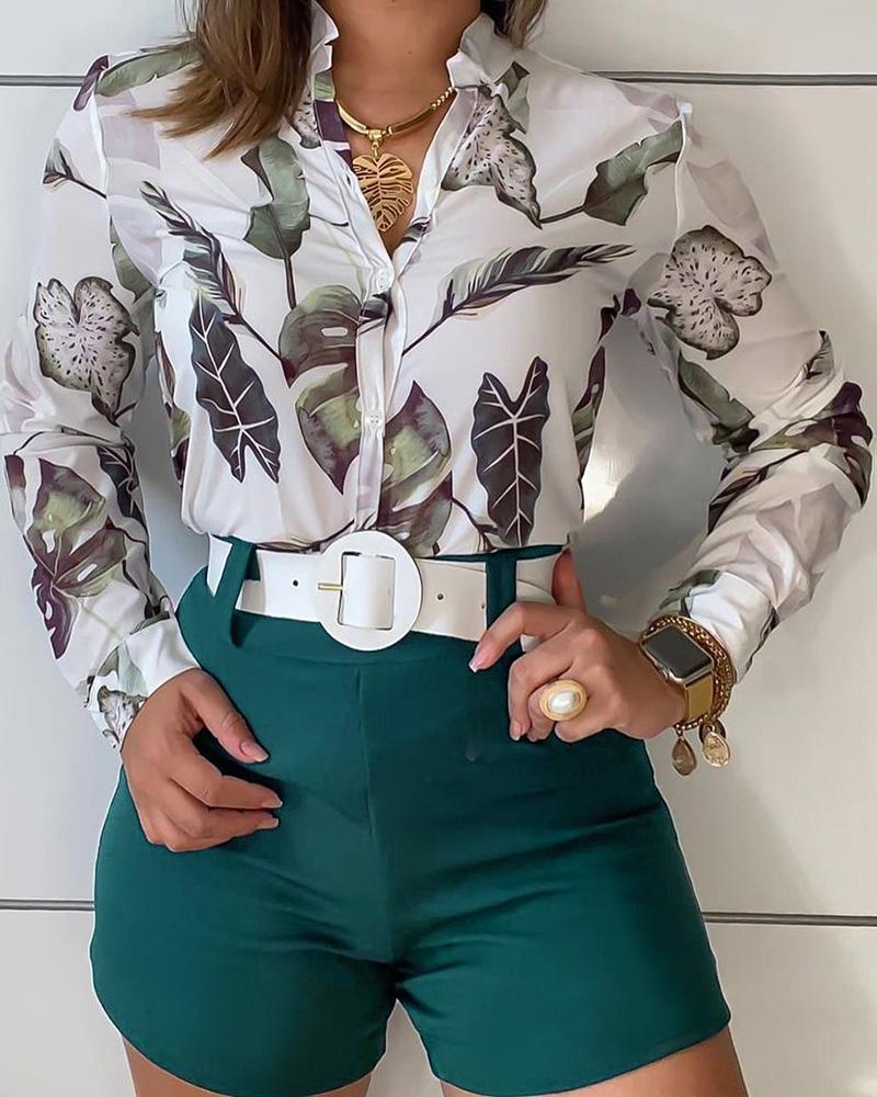 

Plant Print Long Sleeve Shirt & Plain Shorts Set, Green