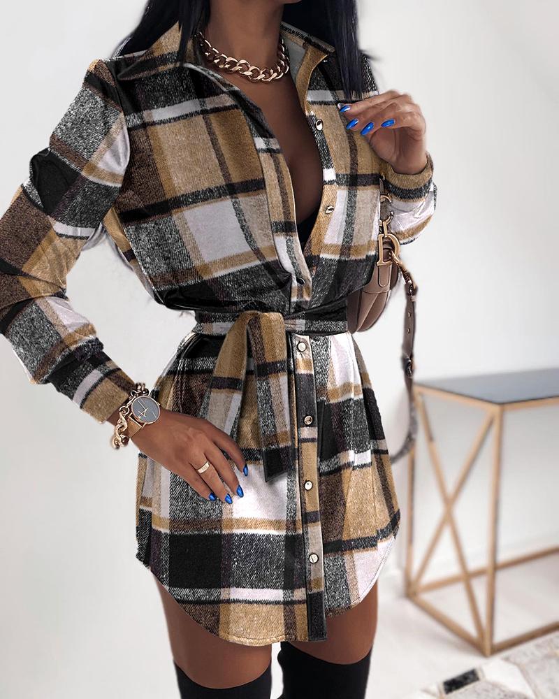 

Plaid Print Long Sleeve Button Down Shirt Dress, Brown