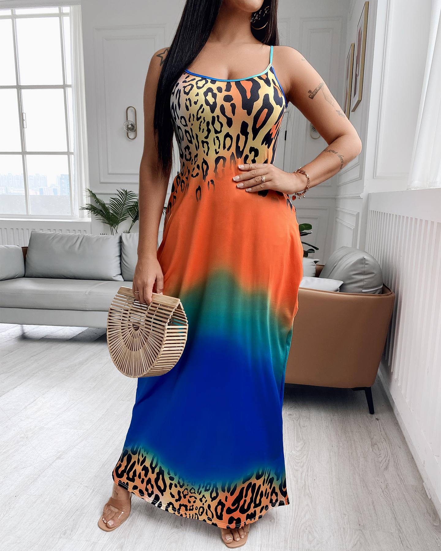 

Gradient Color Block Splicing Leopard Print Sling Loose Maxi Dress, Orange