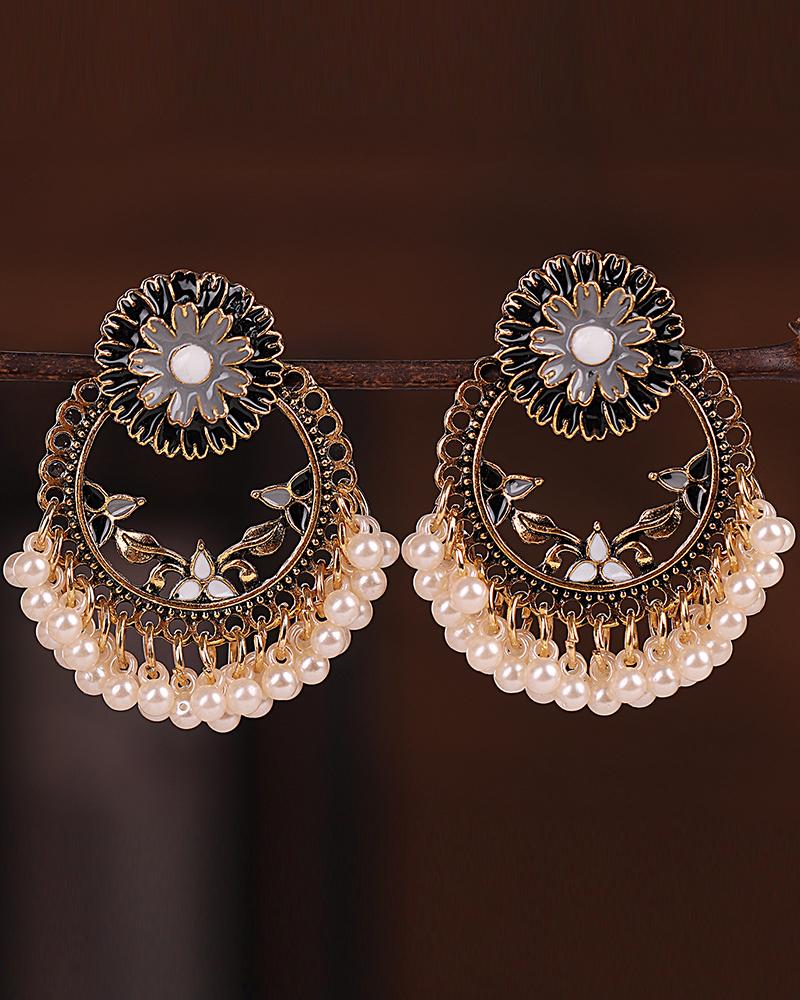 

1Pair Vintage Nationality Floral Beaded Tassel Earrings, Black