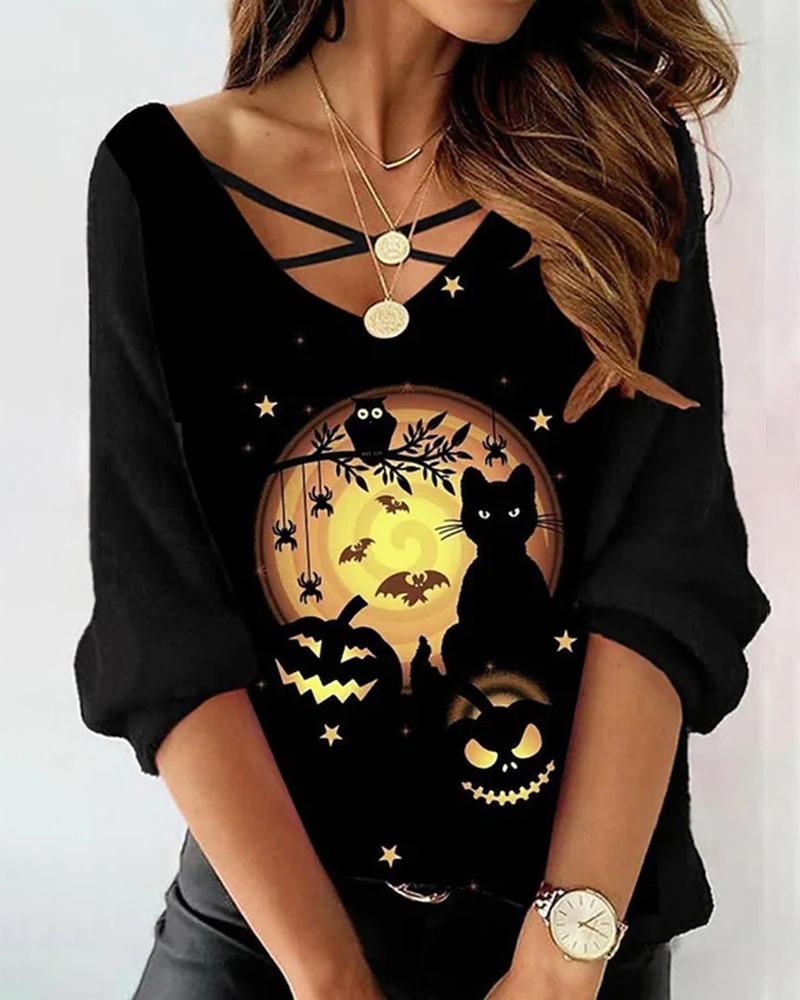 

Halloween Graphic Print Crisscross Long Sleeve Top, Black