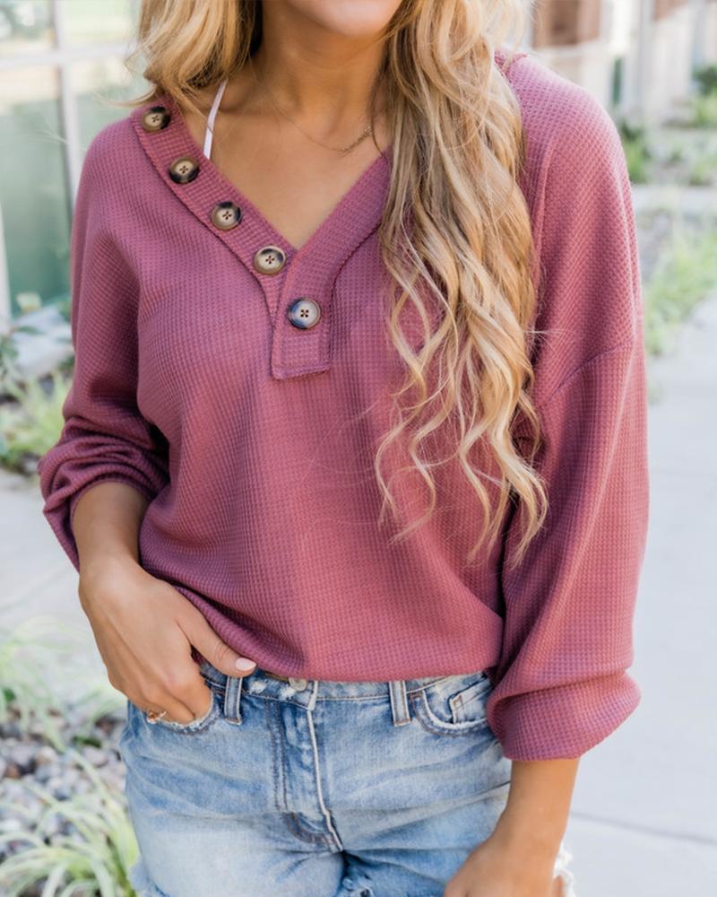 

Solid Color Long Sleeve Button Blouse, Red